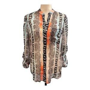 Diane Von Furstenberg Black, White, Orange & Teal Printed Button-Down Top